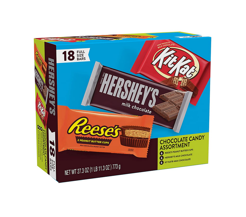 REESE'S, HERSHEY'S and KIT KAT Milk Chocolate Assortment Candy Bars, Christmas, 27.3 oz Variety Pack (18 Count)