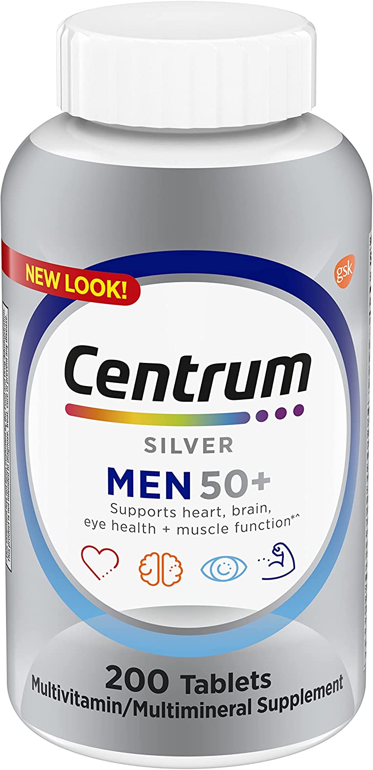 Centrum Silver Multivitamin for Men 50 Plus, Multimineral Supplement, Vitamin D3, B-Vitamins and Zinc, Gluten Free, Non-GMO Ingredients, Supports Memory and Cognition in Older Adults - 200 Ct