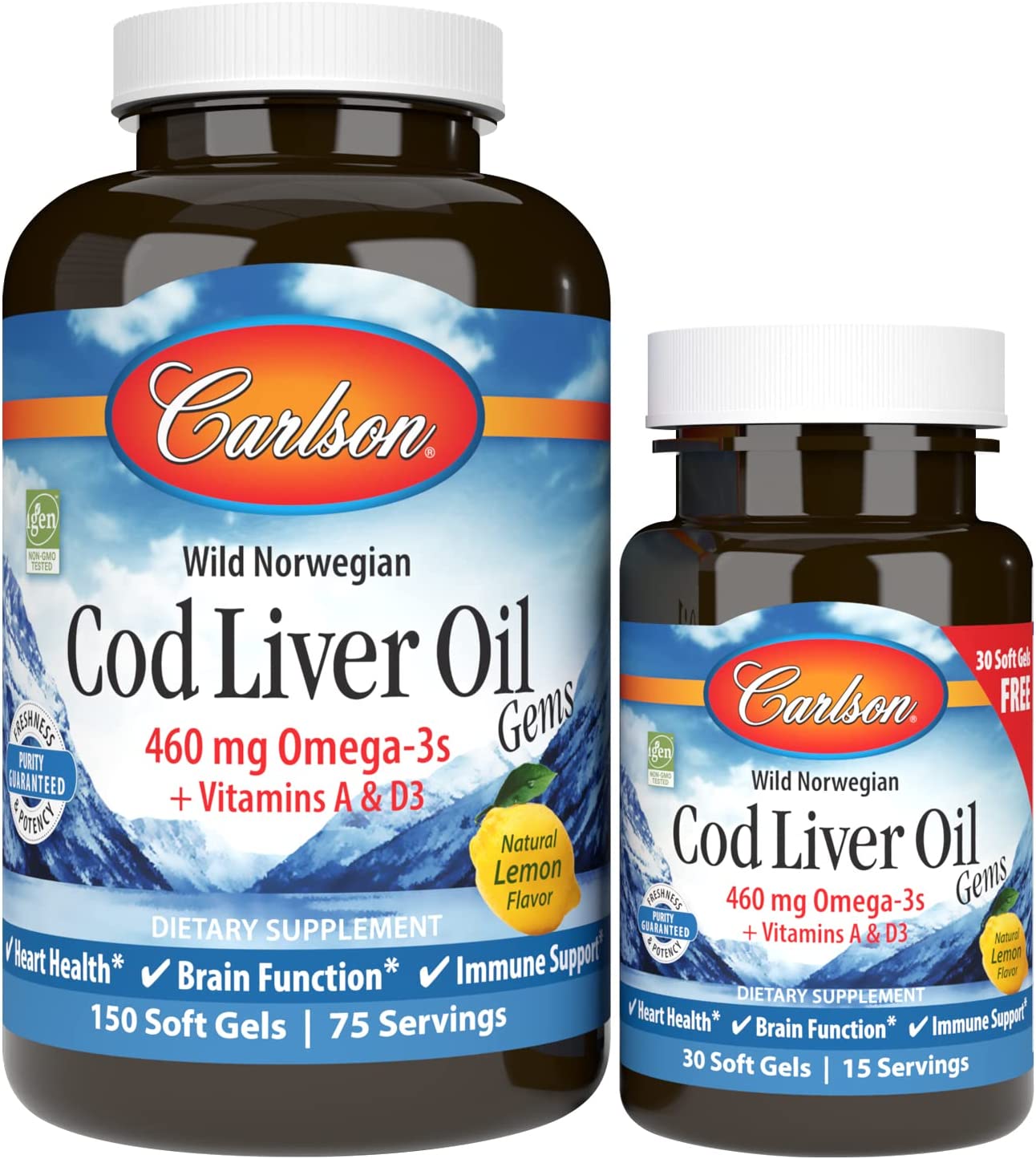 Carlson - Cod Liver Oil Gems, 460 mg Omega-3s + Vitamins A & D3, Wild-Caught Norwegian Arctic Cod Liver Oil, Sustainably Sourced Nordic Fish Oil Capsules, Lemon, 150+30 Softgels  ( Size: 180 Count (Pack of 1) )