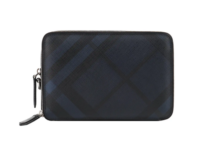 BURBERRY “Cormac" Unisex Navy Black Check Double Zip Travel Wallet Case Clutch