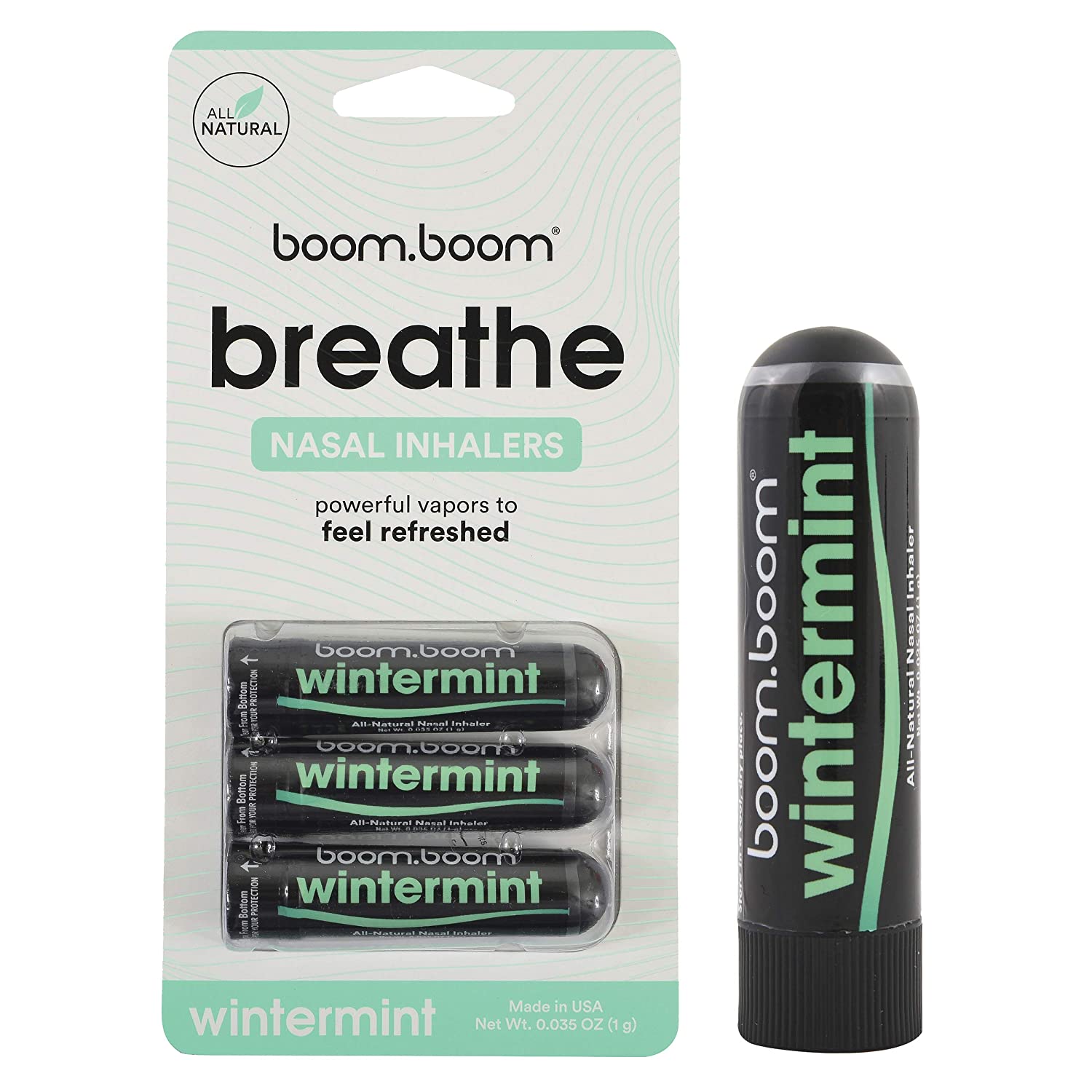 Aromatherapy Nasal Stick (3 Pack) by BoomBoom | Enhances Breathing + Boosts Focus | Breathe Vapor Stick Provides Fresh Cooling Sensation | Made with Essential Oils + Menthol (Wintermint)
