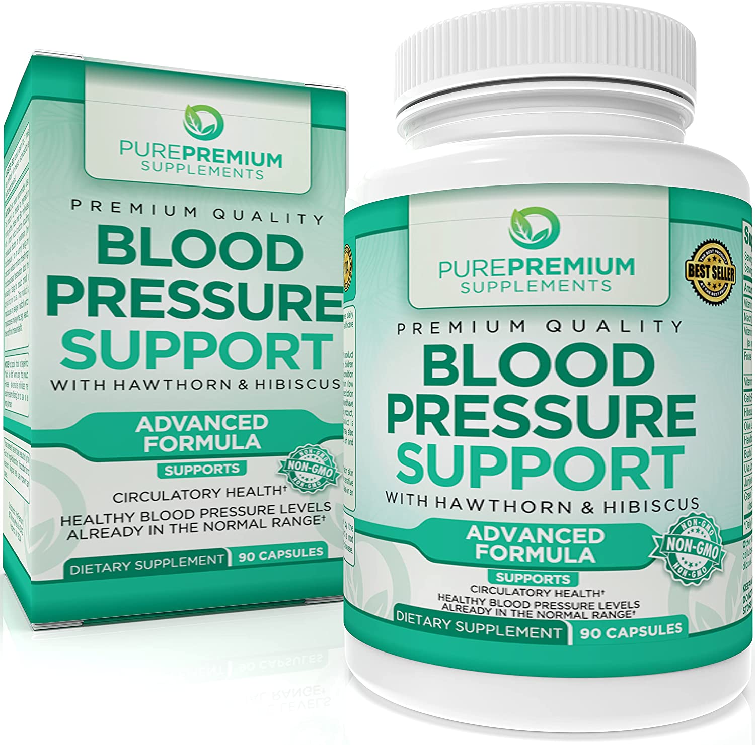 Premium Blood Pressure Support Supplement by PurePremium with Hawthorn, Hibiscus & Garlic - Supports Cardiovascular & Circulatory Health - Vitamins & Herbs Promote Heart Health - 90 Caps