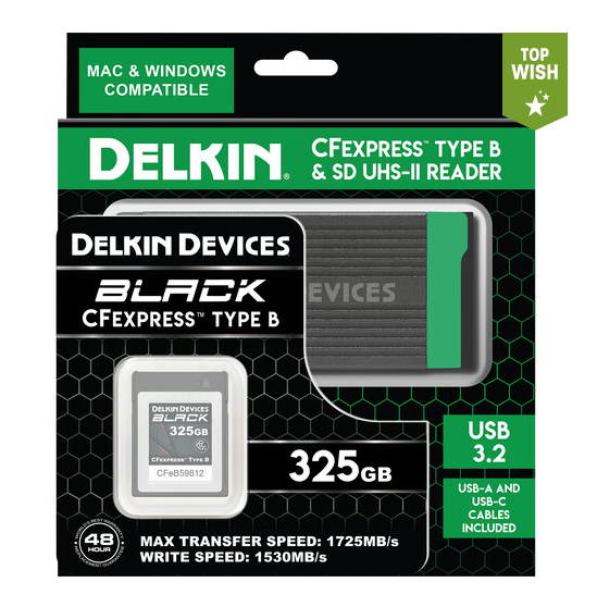 Delkin Devices 325GB BLACK CFexpress Type B Memory Card with CFexpress Type B & UHS-II SD Memory Card Reader