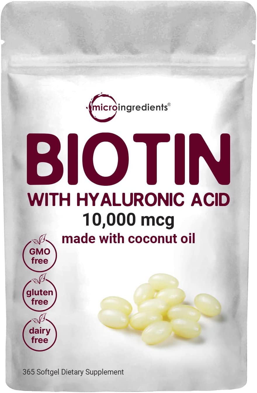 Biotin 10,000mcg w/ Hyaluronic Acid 25mg | 360 Virgin Coconut Oil Softgels, Fast Release, One Year Supply, Supports Healthy Hair, Skin & Nails, Non-GMO & No Gluten