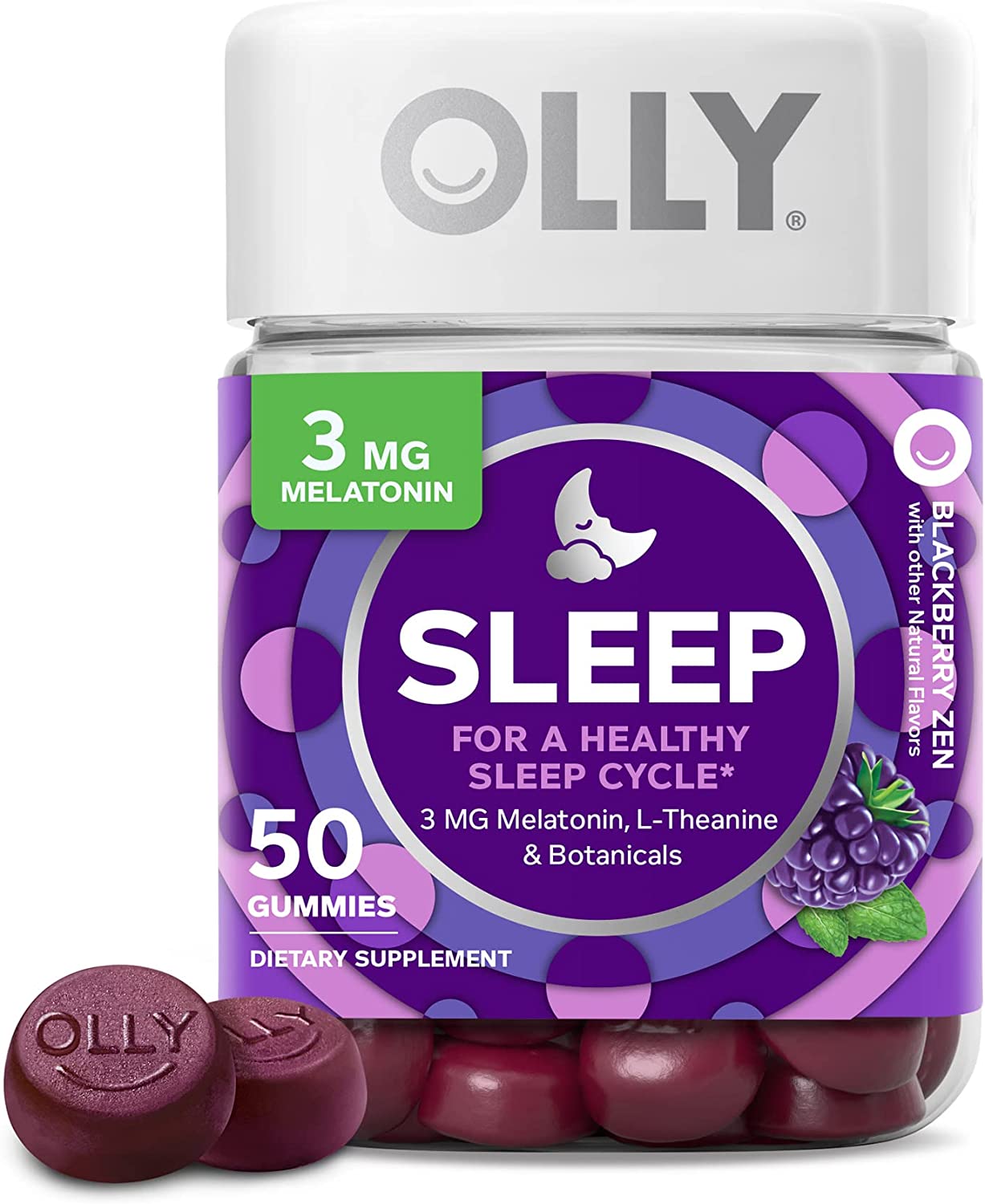 OLLY Sleep Gummy, Occasional Sleep Support, 3 mg Melatonin, L-Theanine, Chamomile, Lemon Balm, Sleep Aid, Blackberry, 50 Count