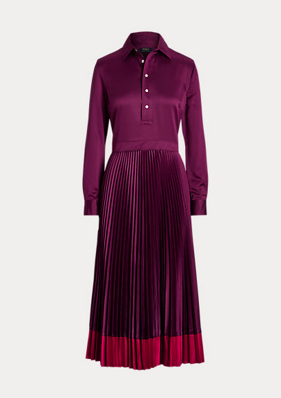 Pleated Charmeuse Polo Midi Dress ( Dark Berry/Bristol Red Dark Berry/Bristol Red, size 2 )