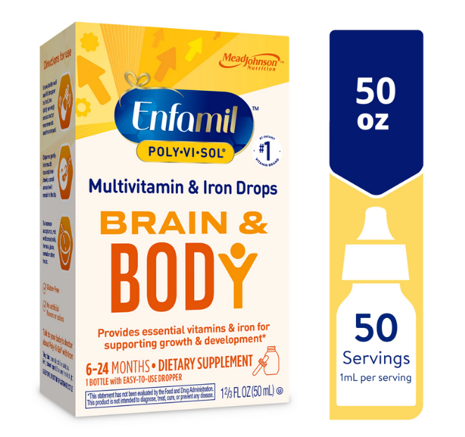 Enfamil Poly-Vi-Sol 8 Multi-Vitamins & Iron Supplement Drops for Infants & Toddlers, Supports Growth & Development, 50 mL Dropper Bottle