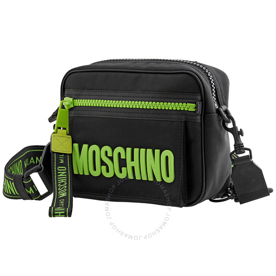 MOSCHINOMen's Fantasy Print Black Logo Embossed Crossbody Bag